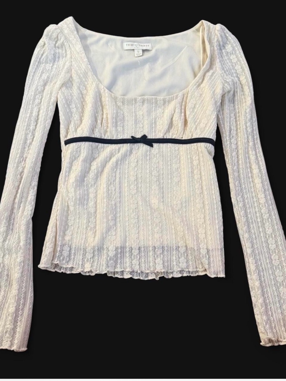 Thirty Thirty Cream Lace Long-Sleeve Scoop Neck Top with Black Waist Ribbon